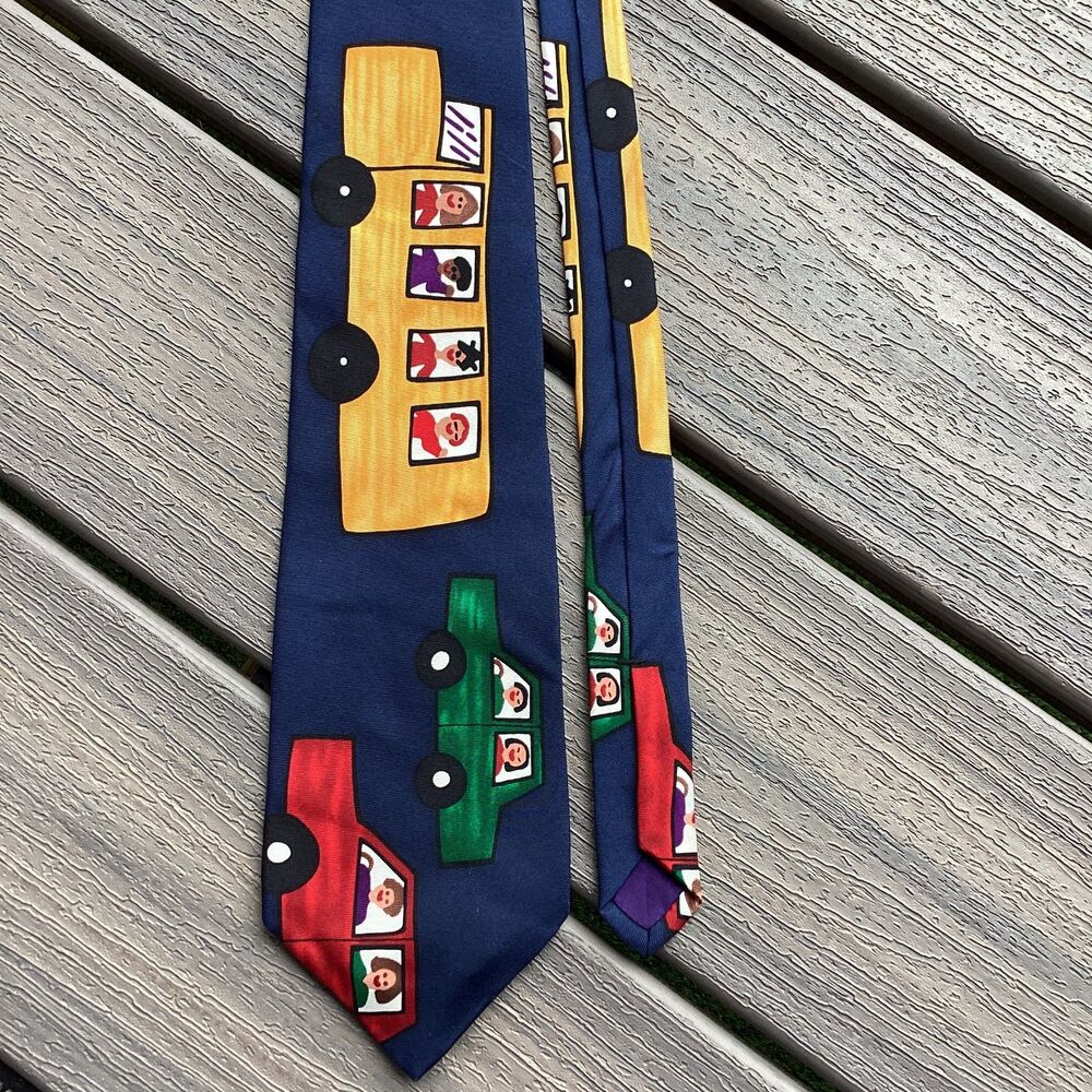 Save the Children Tie‎ Navy Blue School Bus and Cars Novelty Necktie